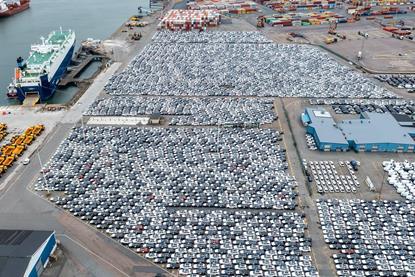Aerial image of an automotive RoRo terminal at the Port of Gothenburg
