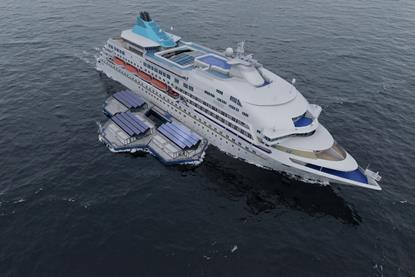 Render of hydrogen floating hubs refuelling a ship