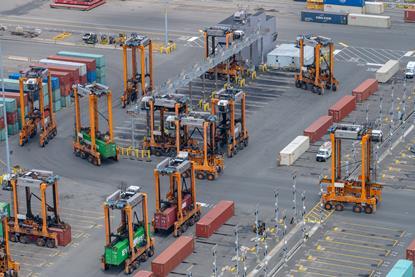 Image of Kalmar straddle carriers operating in a port
