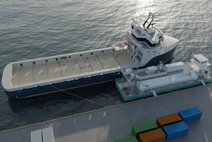 A render of an Azane terminal barge bunkering a ship with ammonia