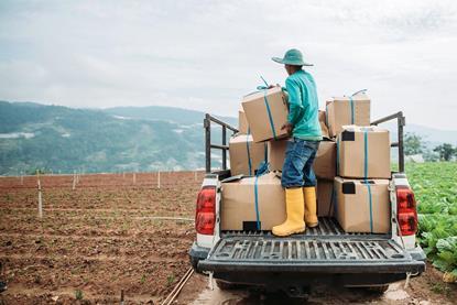 A man stands on the back of a pick-up truck with cardboard packages in an agricultural field