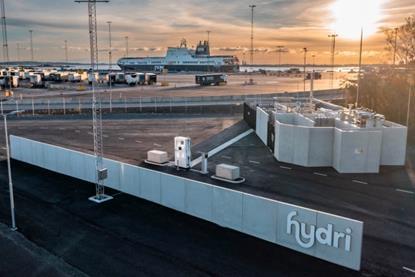 The image shows the hydrogen refueling station at the Port of Gothenburg at the RoRo terminal