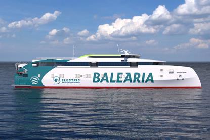 The image shows an illustration of the new 100% electric, zero-emission ferries which will operate on the short sea link between Spain and Morocco