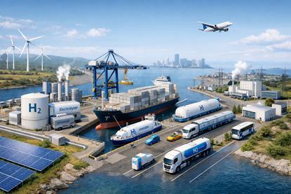 An AI generated image of the whole Hydrogen value chain, including ports