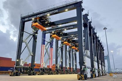 The image shows the Konecranes RTGs on the quayside at Houston