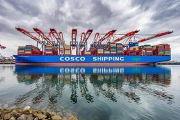 A picture of a COSCO vessel at the Port of Long Beach