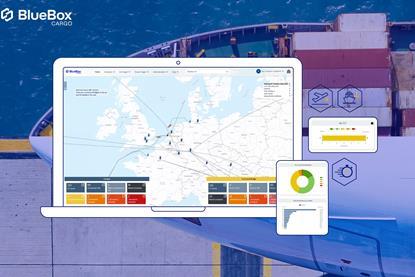 The image shows some screenshots of BlueBoxSystems BlueBoxCargo tracking tool