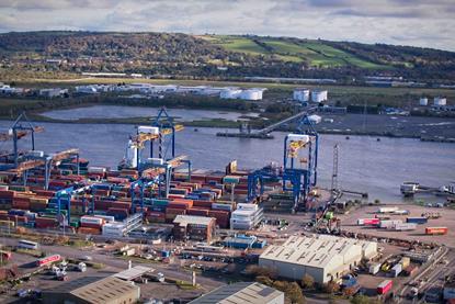 The image shows a wide angle shot of Belfast Harbour