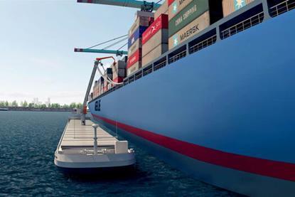 The image shows a barge bunkering a ship in Rotterdam