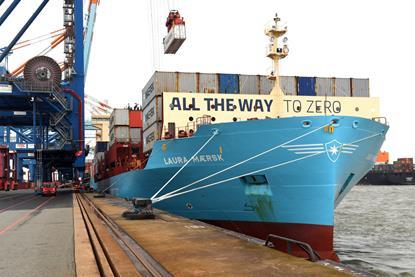 An image of methanol container ship “Laura Maersk” in the ports of Bremen