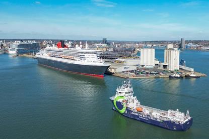 The image shows Fortescue Green Pioneer, Europe’s first dual-fuel ammonia-powered vessel, in the water at Southampton