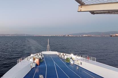 Bow or stern of a RoRo ferry at sea