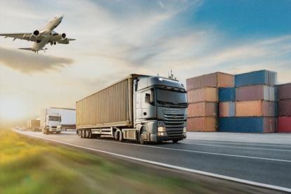 Truck, containers and aeroplane to signify the movement of freight