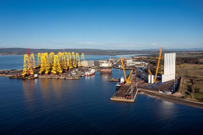 The image shows Seagreen OW Jackets and WTGs at the Port of Nigg