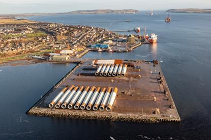 A shot of offshore wind turbine components on the quayside at Cromarty Firth