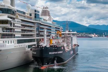 The image shows Seaspan Energy provided LNG bunkering services to Silversea’s Silver Nova from its LNG bunker vessel Seaspan Garibaldi