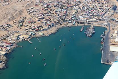 The image shows an aerial shot of Port of Lüderitz