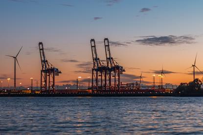 View of the Port of Hamburg at dusk from the Elbe