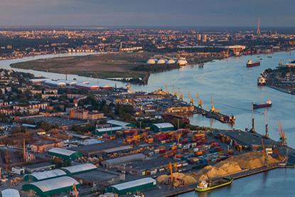 The image shows an overhead shot of the Port of Riga