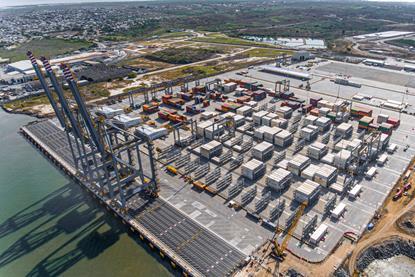 The photo shows an aerial shot of Ecuador's Port of Posorja