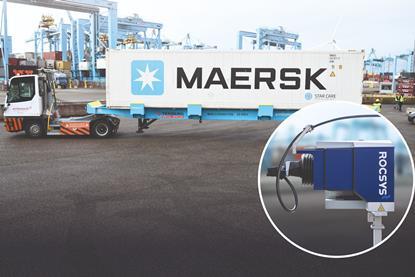 Maersk truck at the APMT Massvlakte II terminal at the Port of Rotterdam with an image of a Rocsys hands-free charging unit