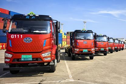 The pictures shows the electric in-yard tractor fleet at DaChan Bay Terminals