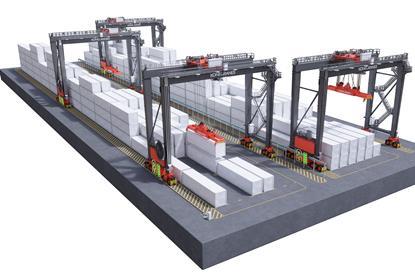 The image shows Konecranes E-Hybrid RTGs on the quayside