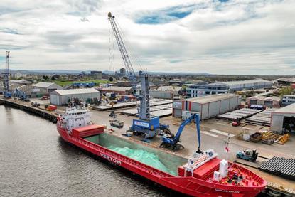 A ship docking at the Port of Middlesbrough, carrying ferrous sulphate