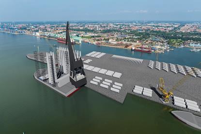 The image shows a render of the new quays at Klaipėda's former International Ferry Port