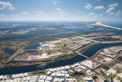 The image shows an aerial shot of Australia's Port of Newcastle