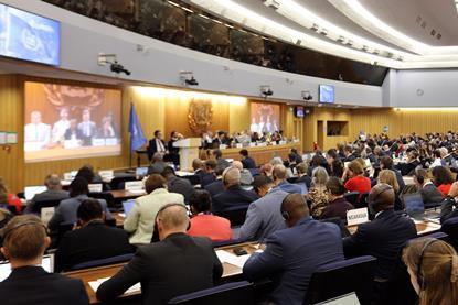 The photo shows a panoramic shot of the IMO's MEPC 83 meeting from 7 to 11 April 2025