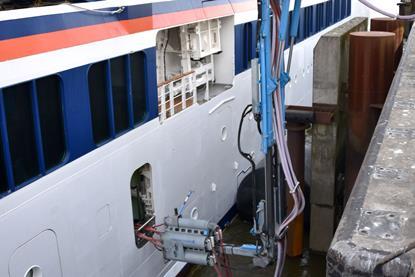 Shorepower connection between a cruise ship and the dock at the Port of Hamburg