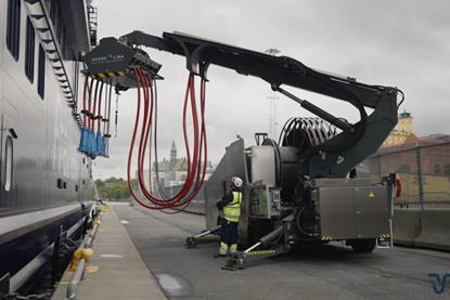 The image shows the CruiseLink Mobile L Cable Management in operation at Ports of Stockholm