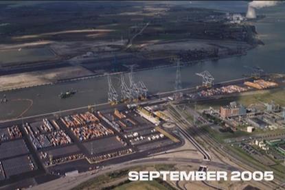 Aerial shots of the Port of Antwerp showing progress from 2005 to 2025