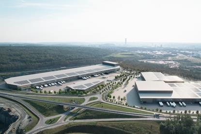 The image shows a conceptual rendering of Halvorsäng Logistics Park