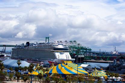 The images shows the Cirque Amaluna cruise ship on the LA waterfront