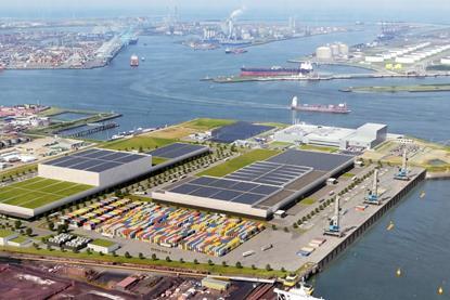 artist's aerial impression of a food storage facility at the Port of Rotterdam