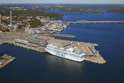 A Silja Line cruise ship docked at a Swedish port