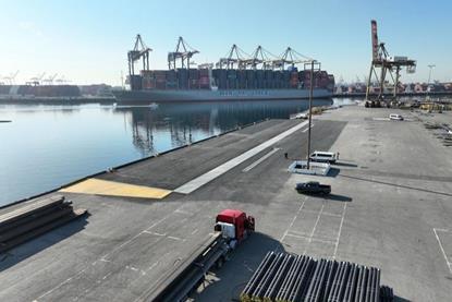 Pasha Wharf at the Port of Los Angeles with a Wan Hai Lines ship at dock