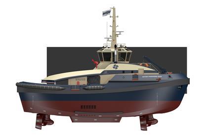 The image shows a render of Svitzer's electric-methanol tug