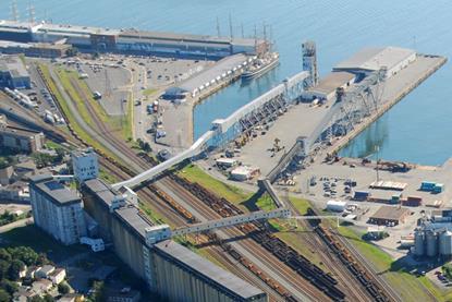 The image shows an overhead shot of the Ocean-Terminals at the Port of Halifax