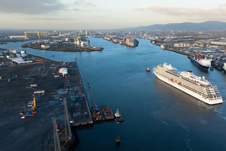 The image shows an aerial shot of Belfast Harbour