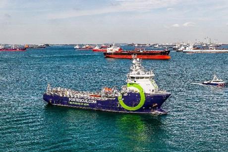 Singapore-flagged ammonia-powered vessel, the Fortescue Green Pioneer in the Port of Singapore.