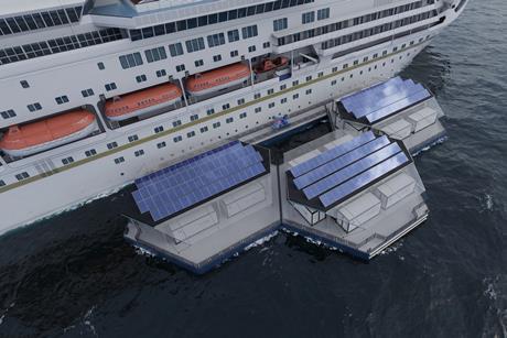 A picture of the Hydrogen Floating Power Hub on the Thames at Greenwich