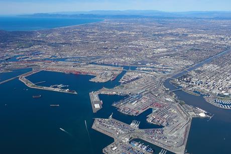 Pictured is an aerial short of the Port of Long Beach