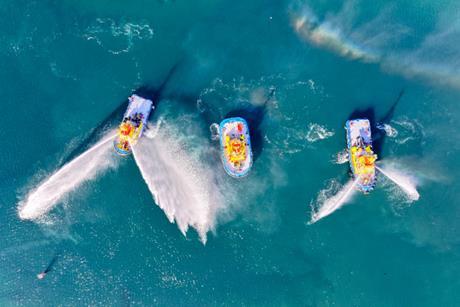 The photo shows an aerial shot of the new Trapananda tug on the water