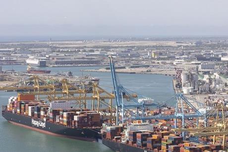 aerial shot of the Port of Barcelona showing two containers ships