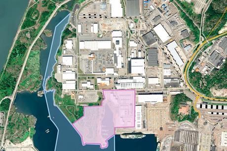 A aerial shot with pink and blue markings indicating the areas being acquired by the Port of Gothenburg