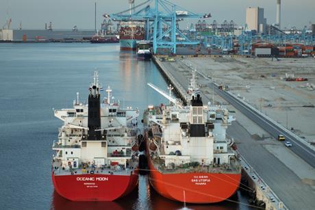 The image shows the ammonia bunkering pilot between two vessels at a terminal in the Port of Rotterdam