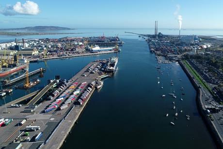 The image shows an overhead shot of Dublin Port